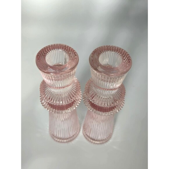 Pink Glass Ribbed Column Taper Candle Stick Holders Bud Vases Pair 6.25" MCM - Picture 3 of 9
